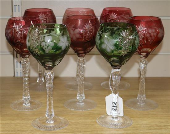 A set of eight Bohemian harlequin hock glasses